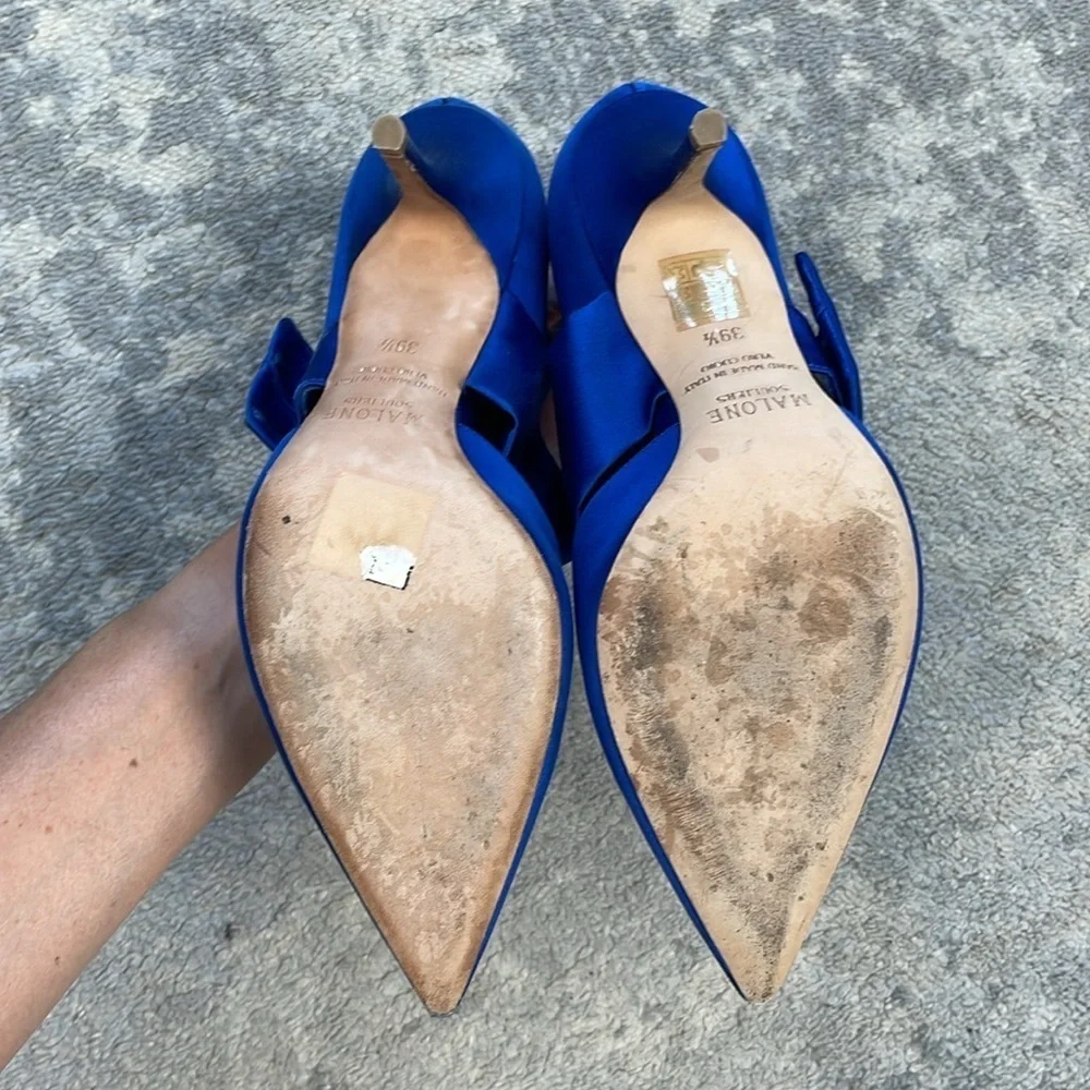 Malone Souliers Maite Crystal Buckle Satin Point Toe Pumps Blue Sz 39.5